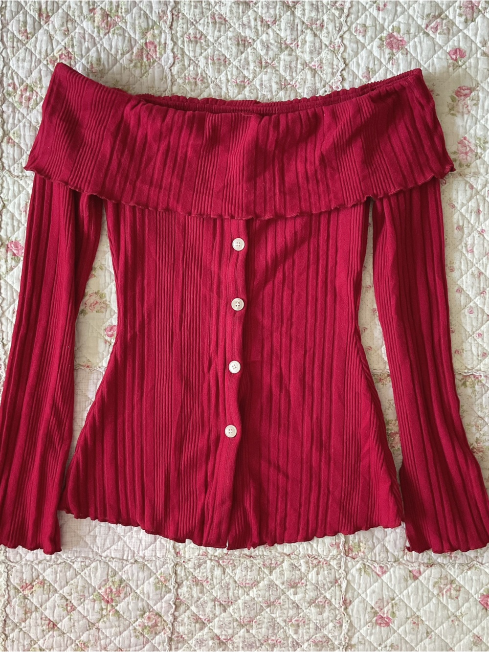 SHEIN Off-the-Shoulder Ribbed Button-Front Sweater - Red